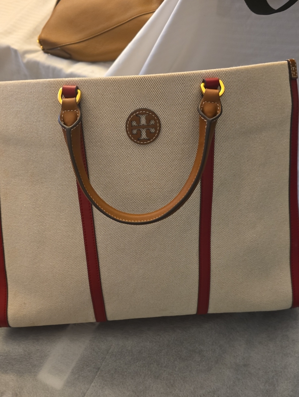 Tory Burch Beige Canvas Tote with Red Trim and Tan Handles
